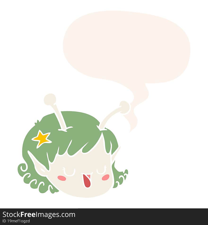 cartoon alien space girl face and speech bubble in retro style