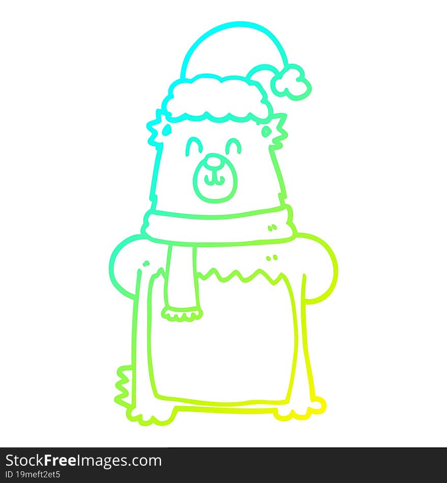 Cold Gradient Line Drawing Cartoon Bear Wearing Christmas Hat