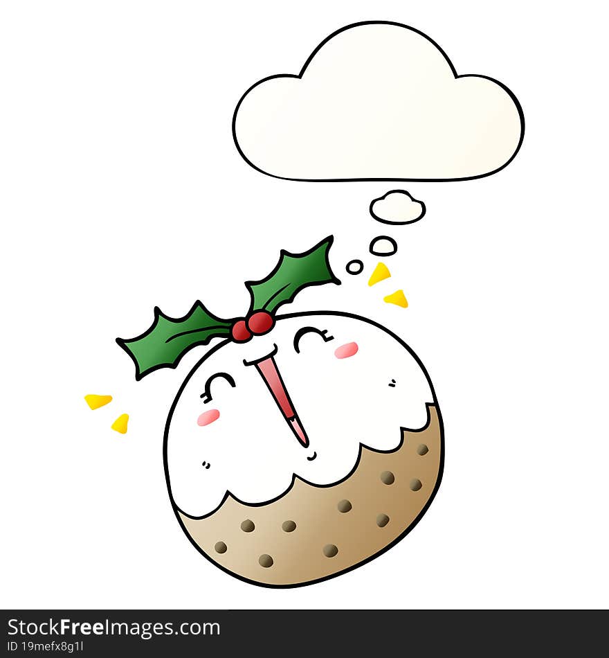 Cute Cartoon Christmas Pudding And Thought Bubble In Smooth Gradient Style