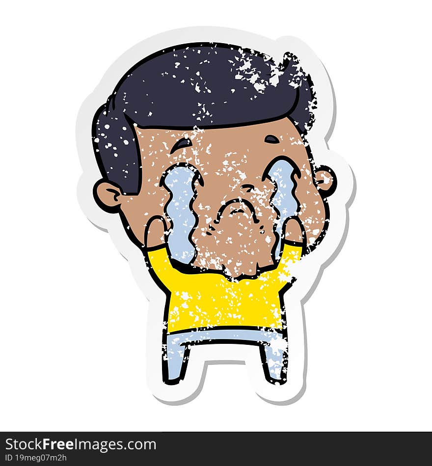 distressed sticker of a cartoon man crying