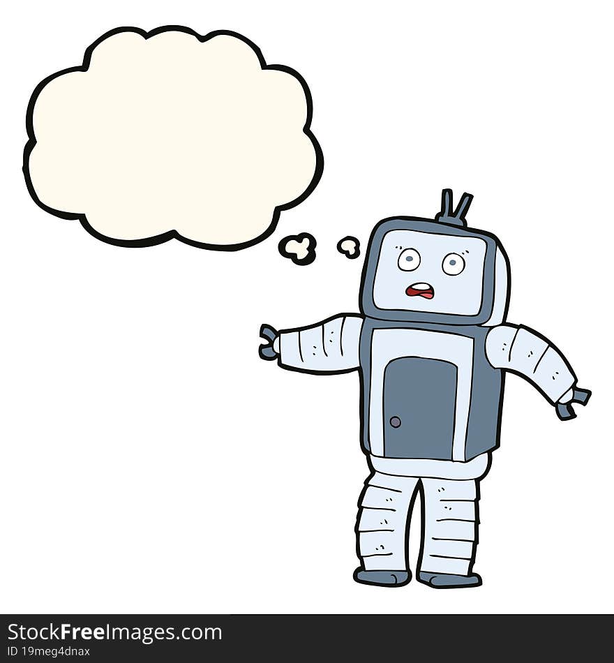 cartoon funny robot with thought bubble