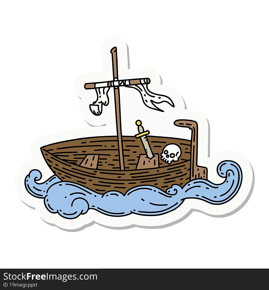 Sticker Of Tattoo Style Empty Boat With Skull