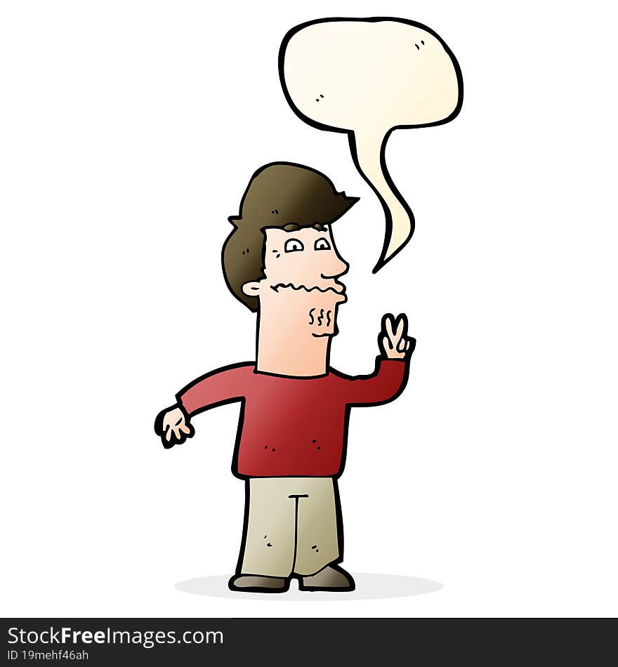 cartoon man giving peace sign with speech bubble