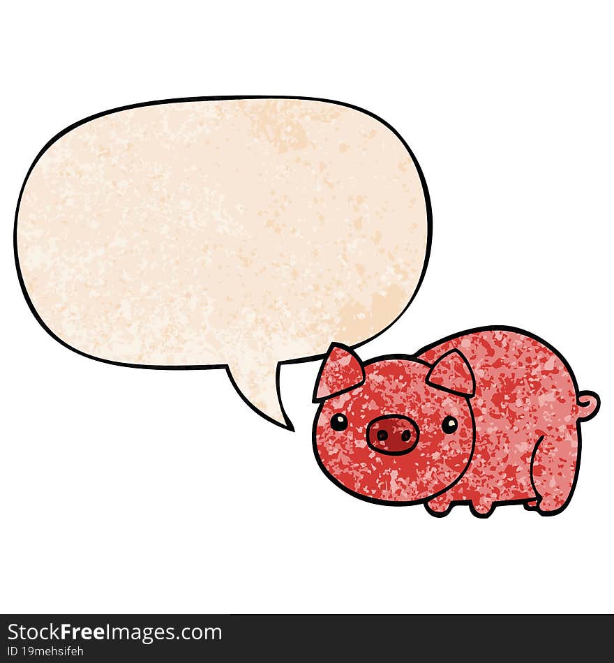 cartoon pig and speech bubble in retro texture style