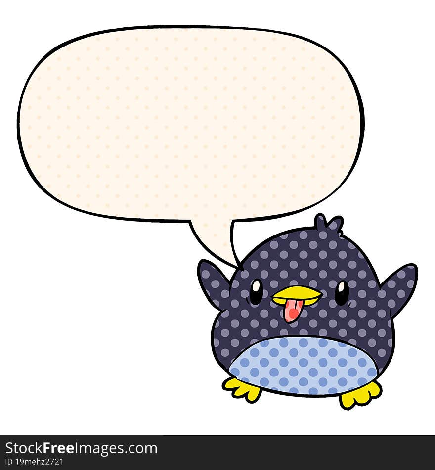 cute cartoon penguin and speech bubble in comic book style