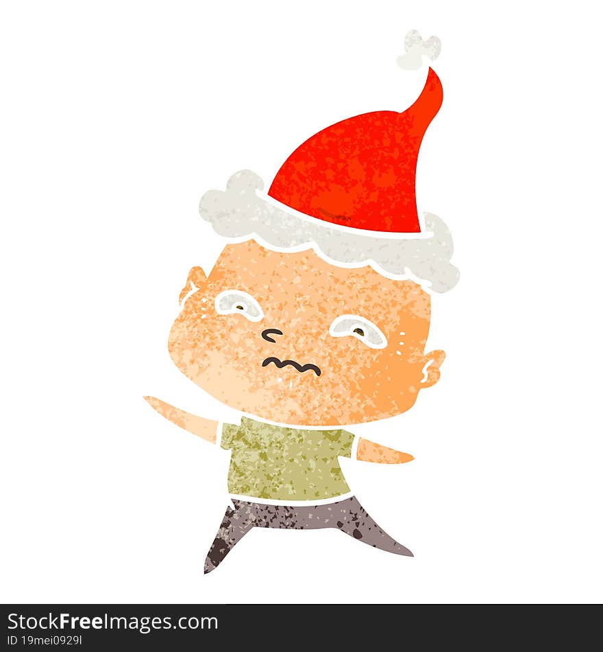 hand drawn retro cartoon of a nervous man wearing santa hat