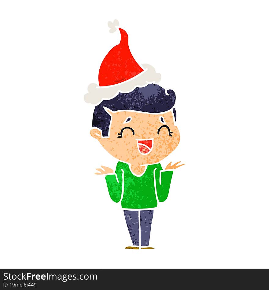 hand drawn retro cartoon of a laughing confused man wearing santa hat