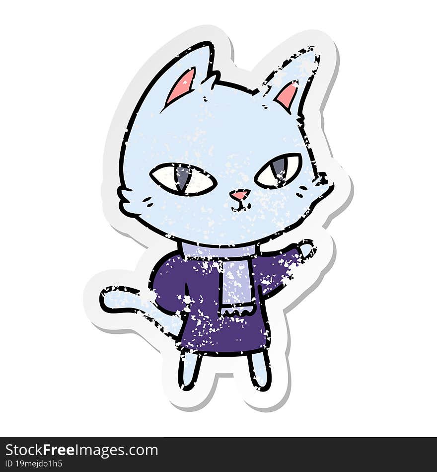 distressed sticker of a cartoon cat staring