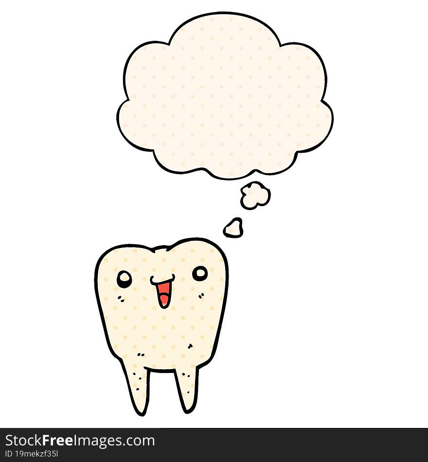 cartoon tooth with thought bubble in comic book style