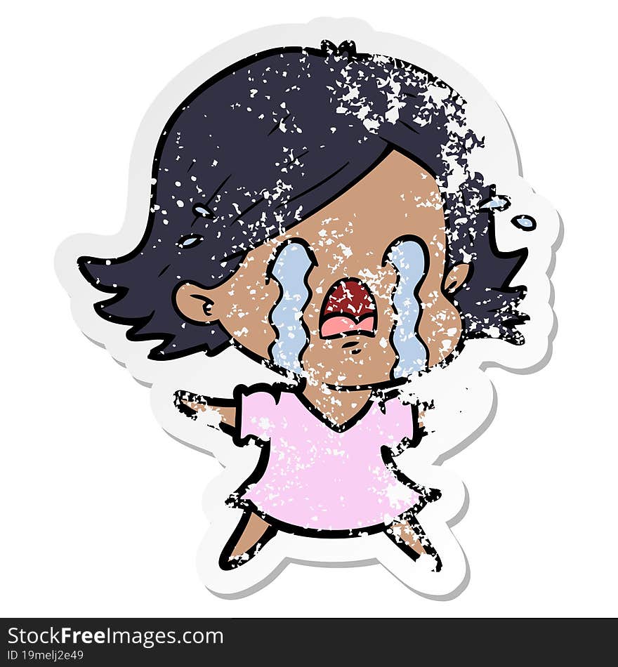 distressed sticker of a cartoon woman crying