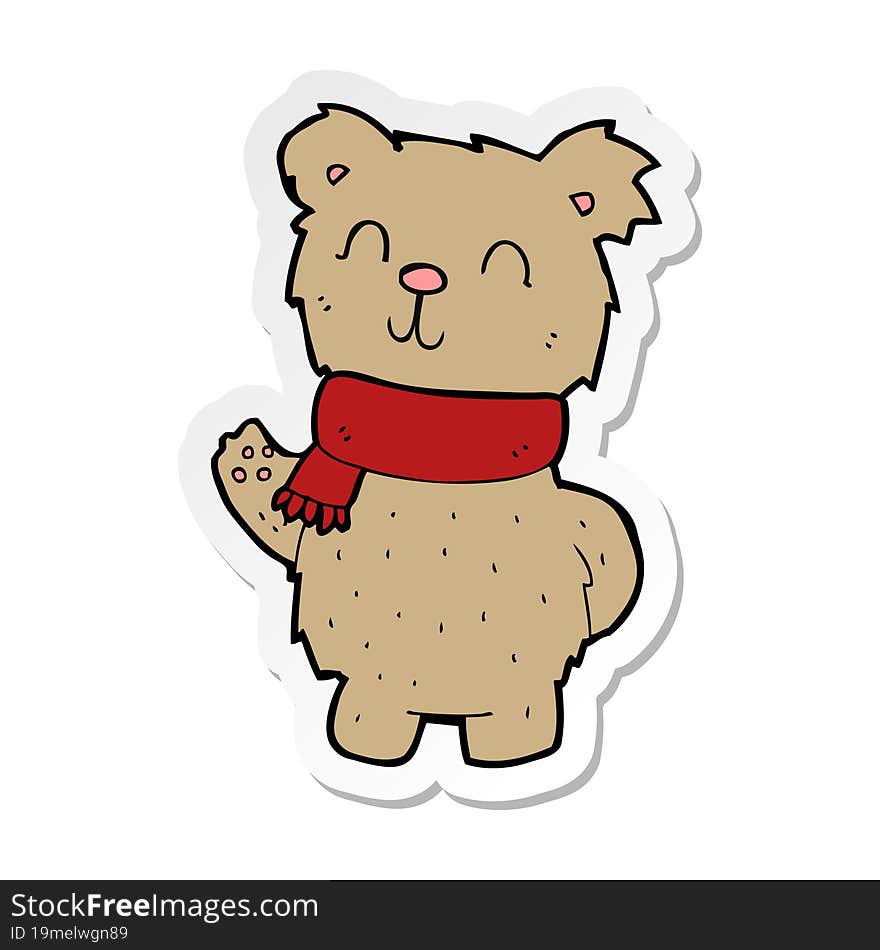 sticker of a cartoon waving teddy bear