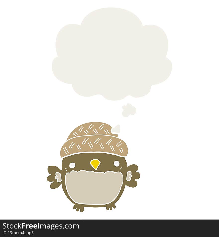 cute cartoon owl in hat and thought bubble in retro style