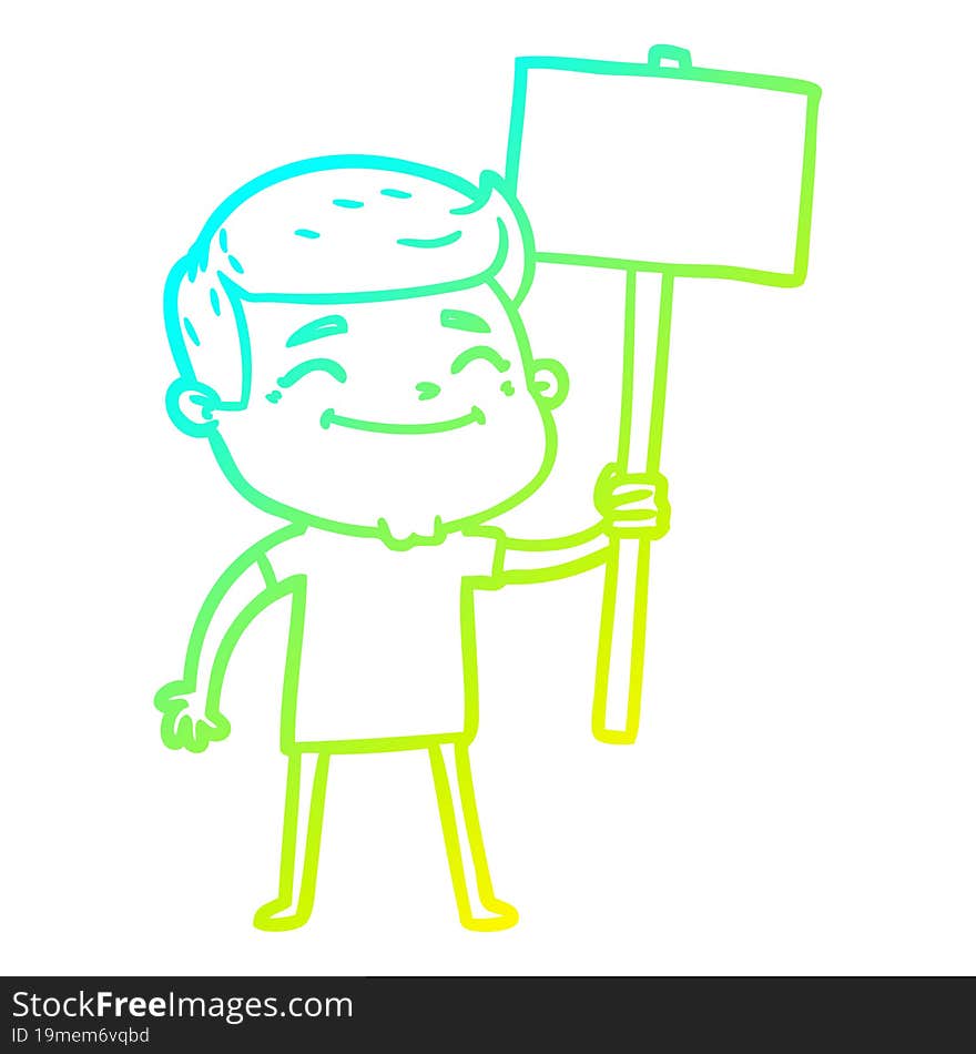 cold gradient line drawing happy cartoon man with placard