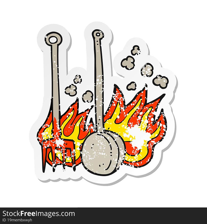 Retro Distressed Sticker Of A Cartoon Hot Fireside Tools