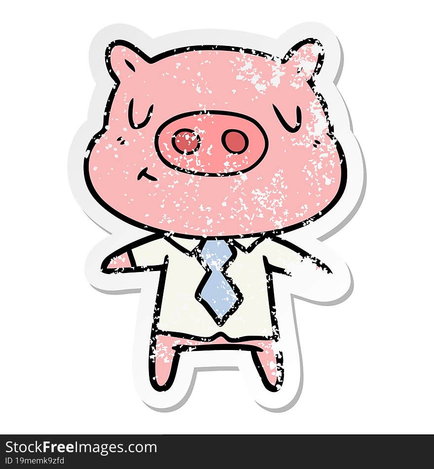 Distressed Sticker Of A Cartoon Content Pig In Shirt And Tie