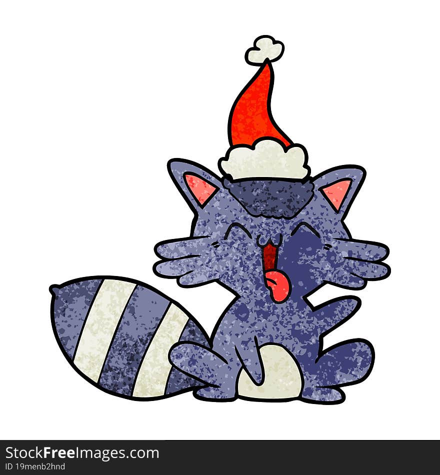 Cute Textured Cartoon Of A Raccoon Wearing Santa Hat