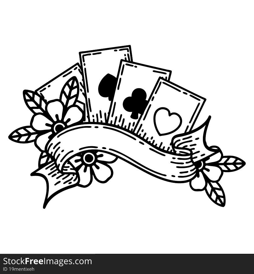 black line tattoo of cards and banner