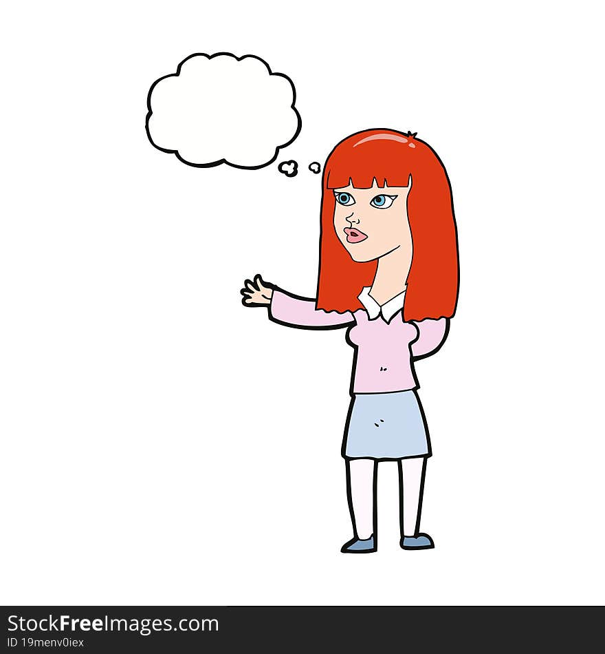 cartoon woman gesturing to show something with thought bubble