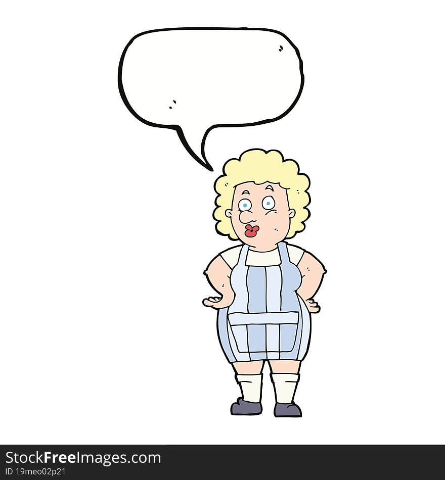 cartoon woman in kitchen apron with speech bubble