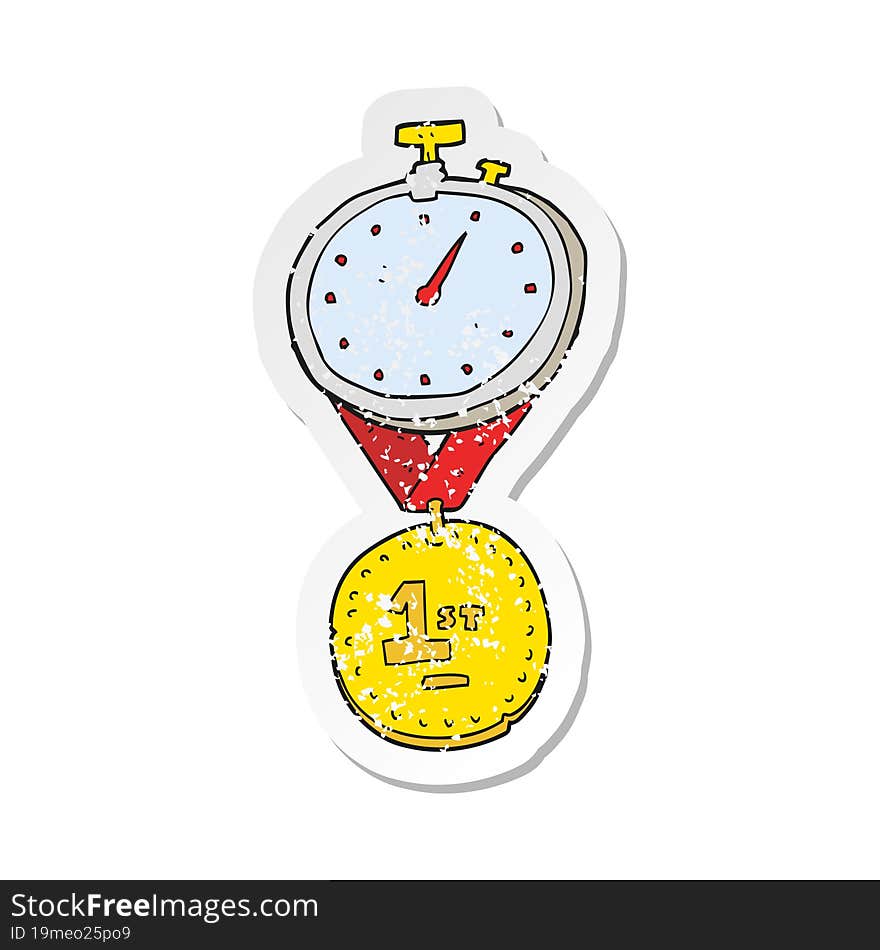 Retro Distressed Sticker Of A Cartoon Stopwatch And Medal