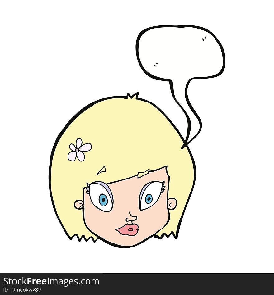 cartoon happy female face with speech bubble