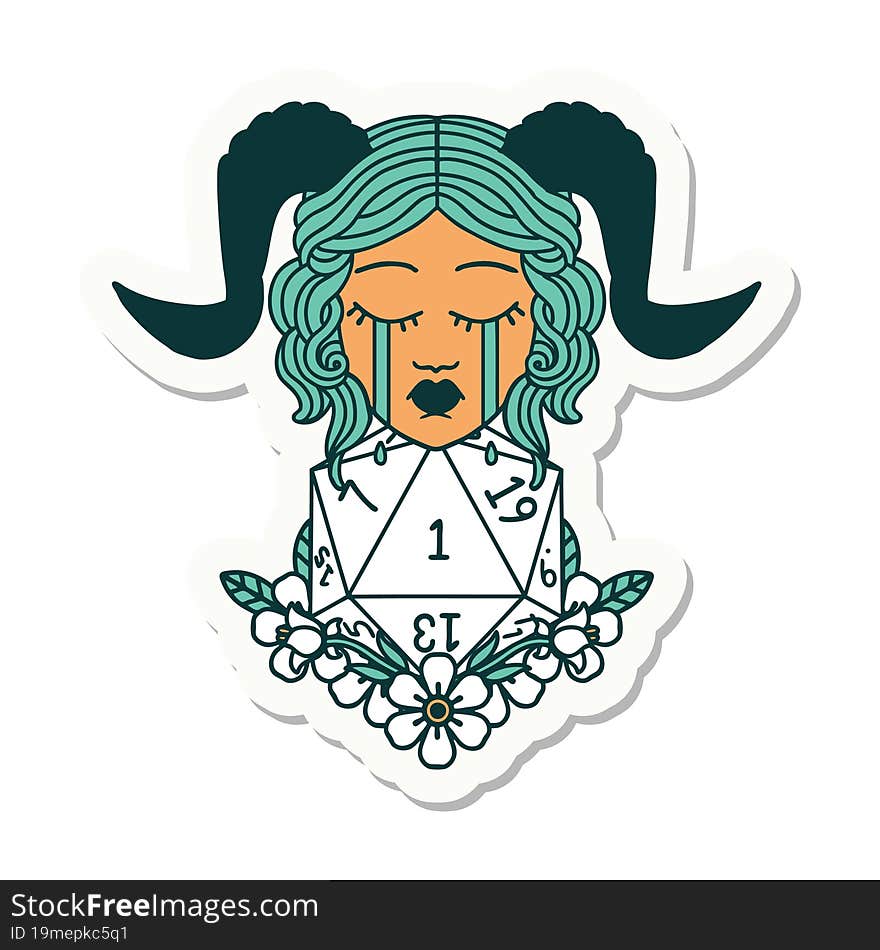 crying tiefling with natural one D20 dice roll sticker