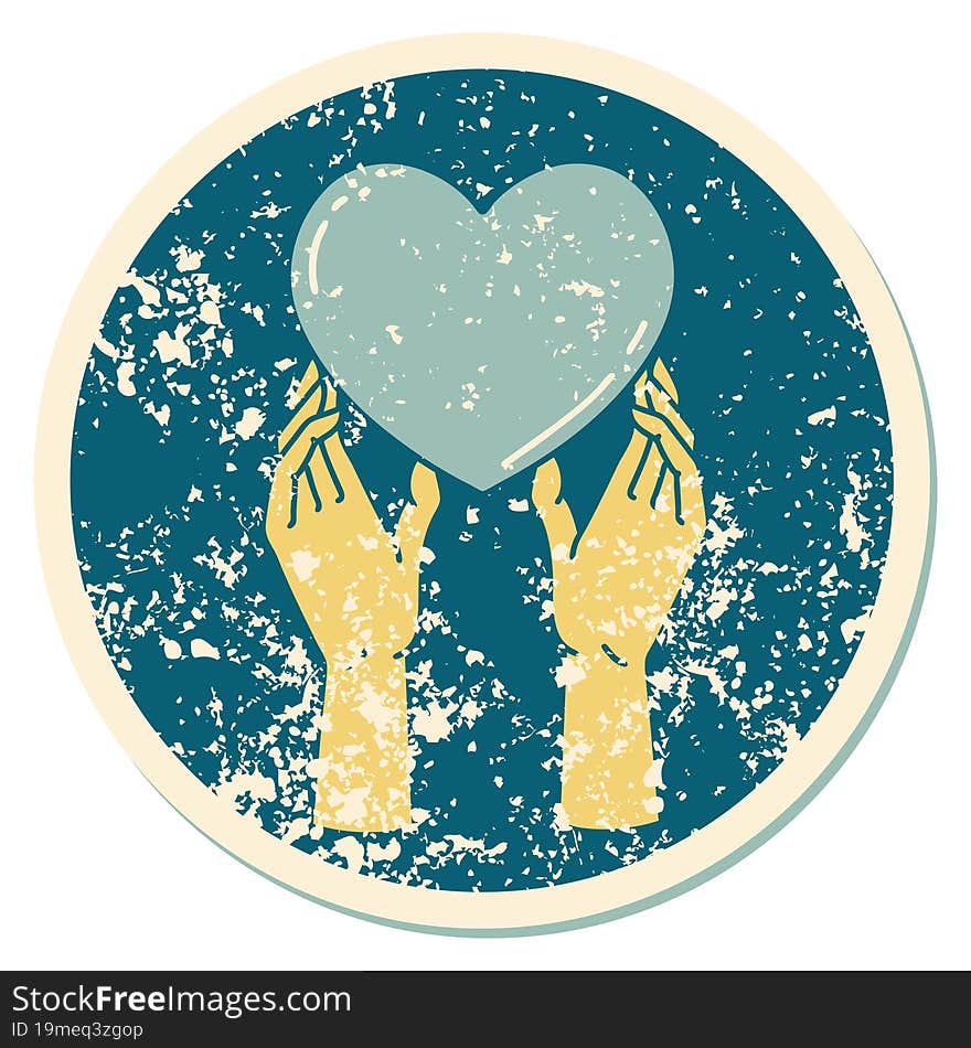 Distressed Sticker Tattoo Style Icon Of A Hands Reaching For A Heart