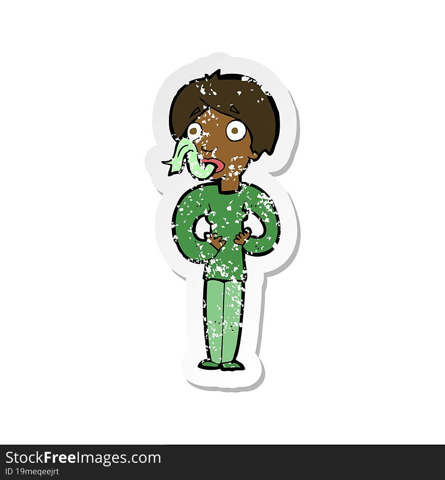 retro distressed sticker of a cartoon woman sticking out tongue