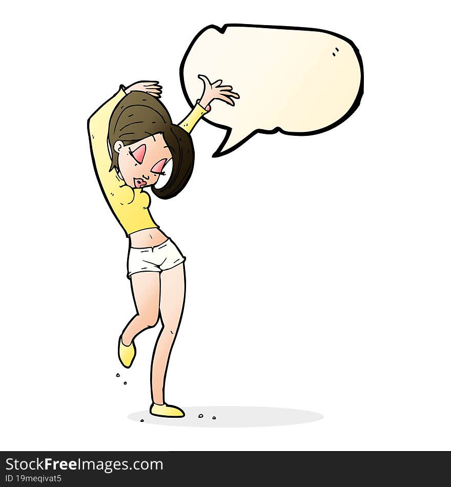 cartoon pretty woman dancing with speech bubble