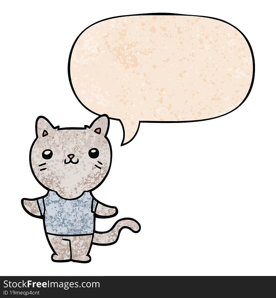 cartoon cat and speech bubble in retro texture style