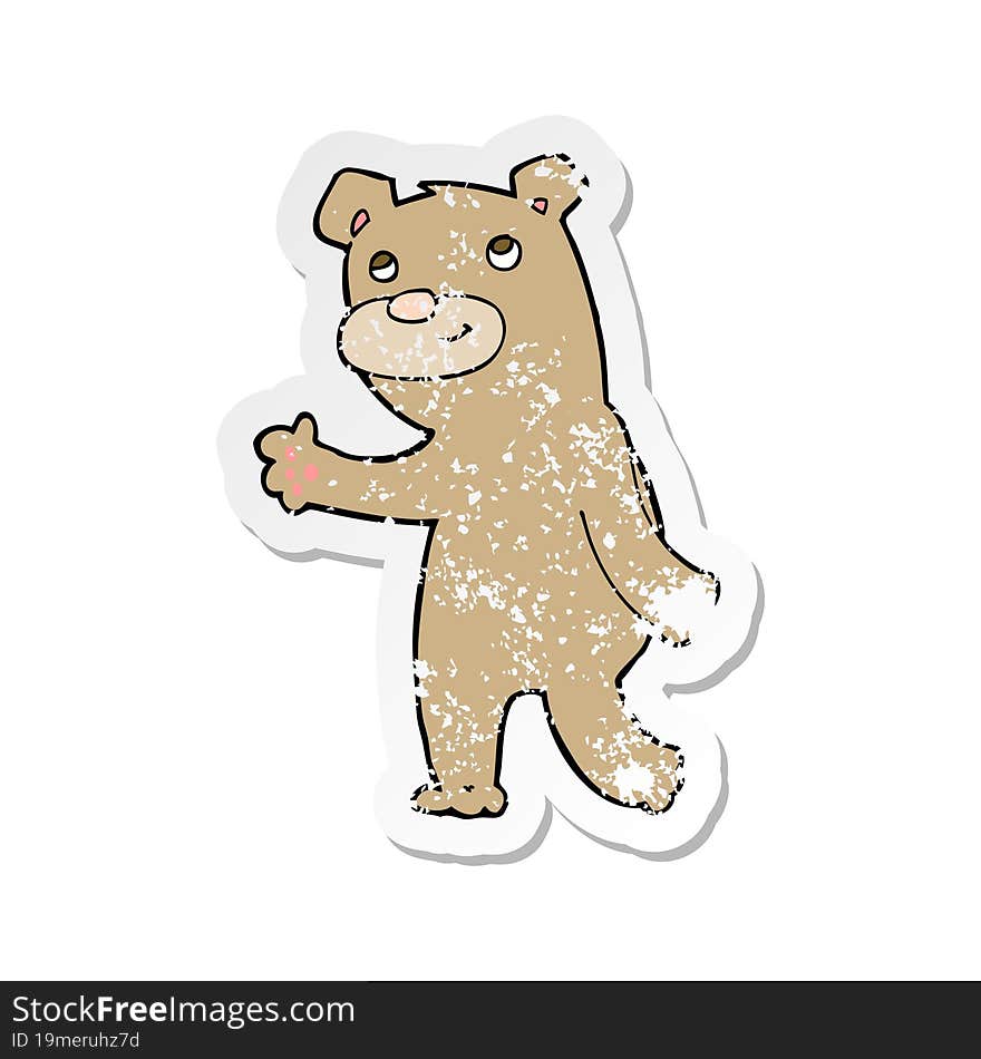 retro distressed sticker of a cartoon happy waving bear