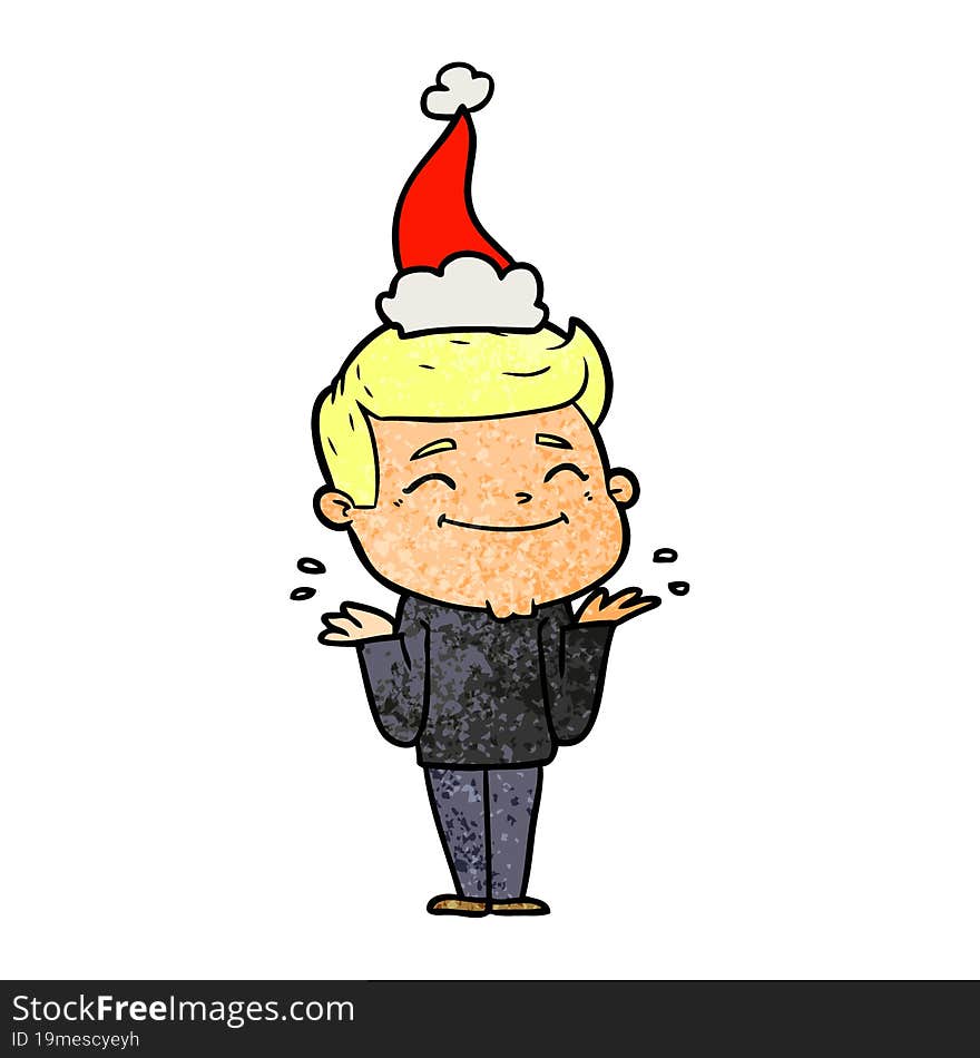 happy textured cartoon of a man shrugging wearing santa hat