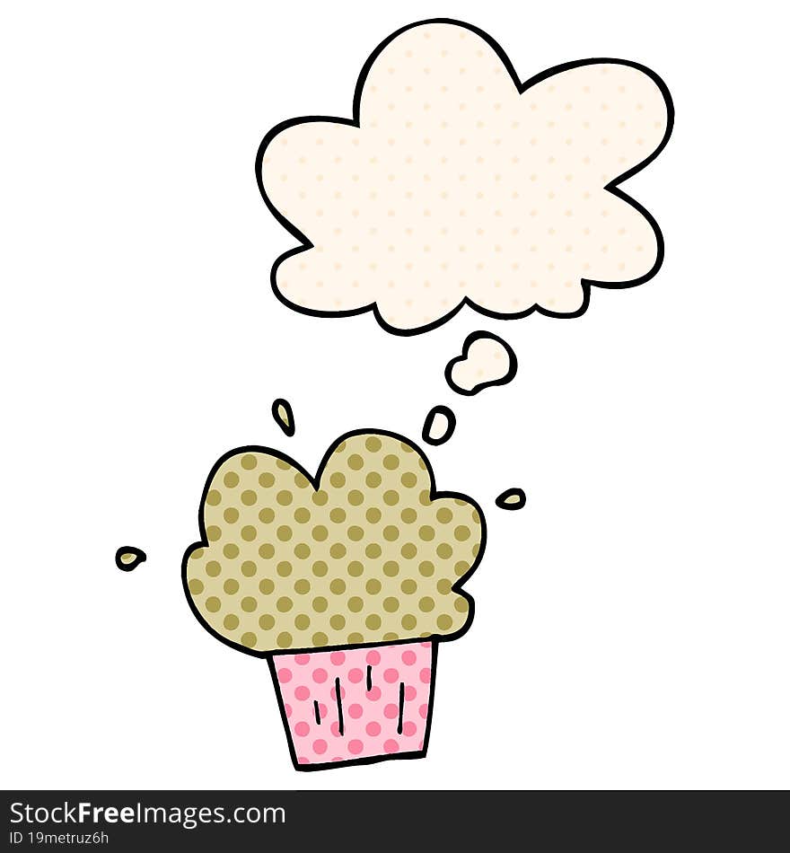 cartoon cupcake with thought bubble in comic book style