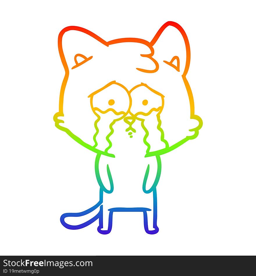 rainbow gradient line drawing of a cartoon crying cat