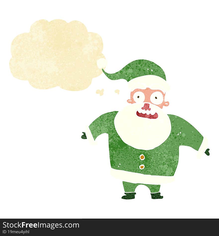 cartoon shocked santa claus with thought bubble