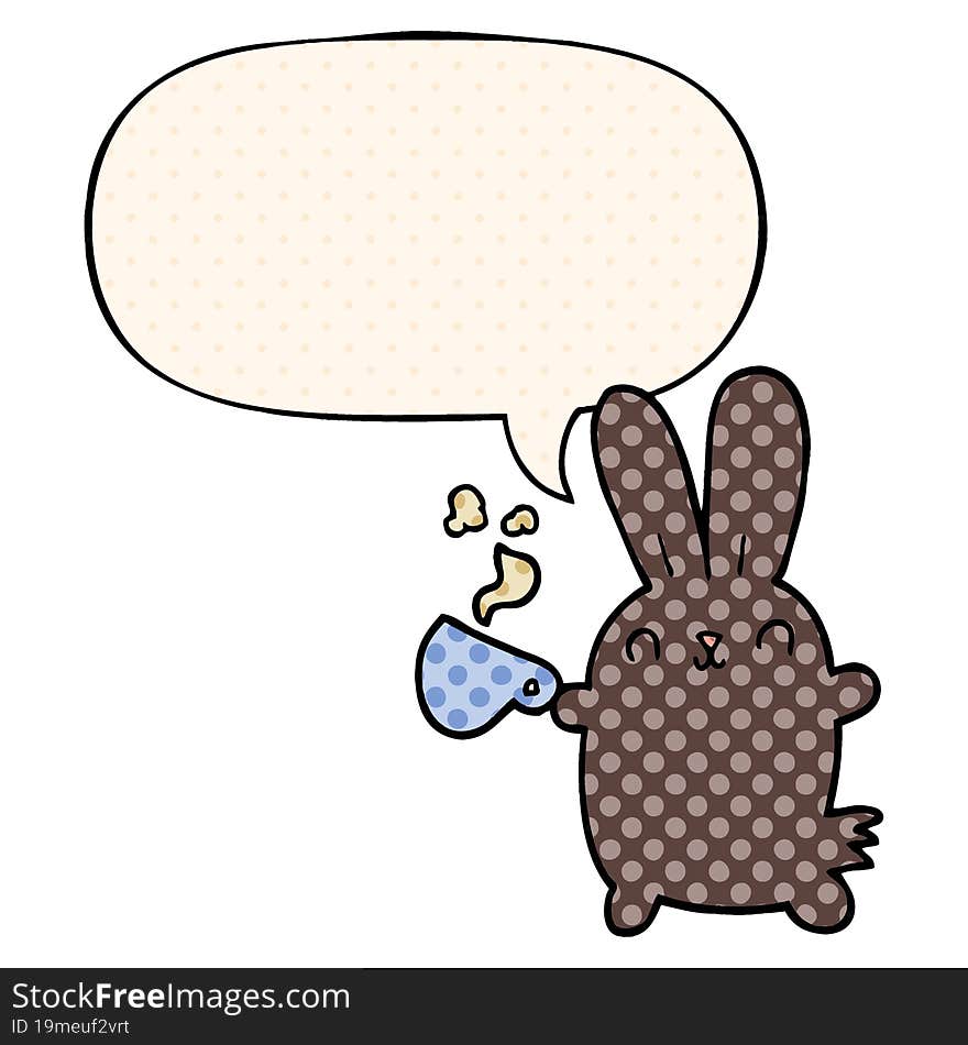 cute cartoon rabbit and coffee cup and speech bubble in comic book style