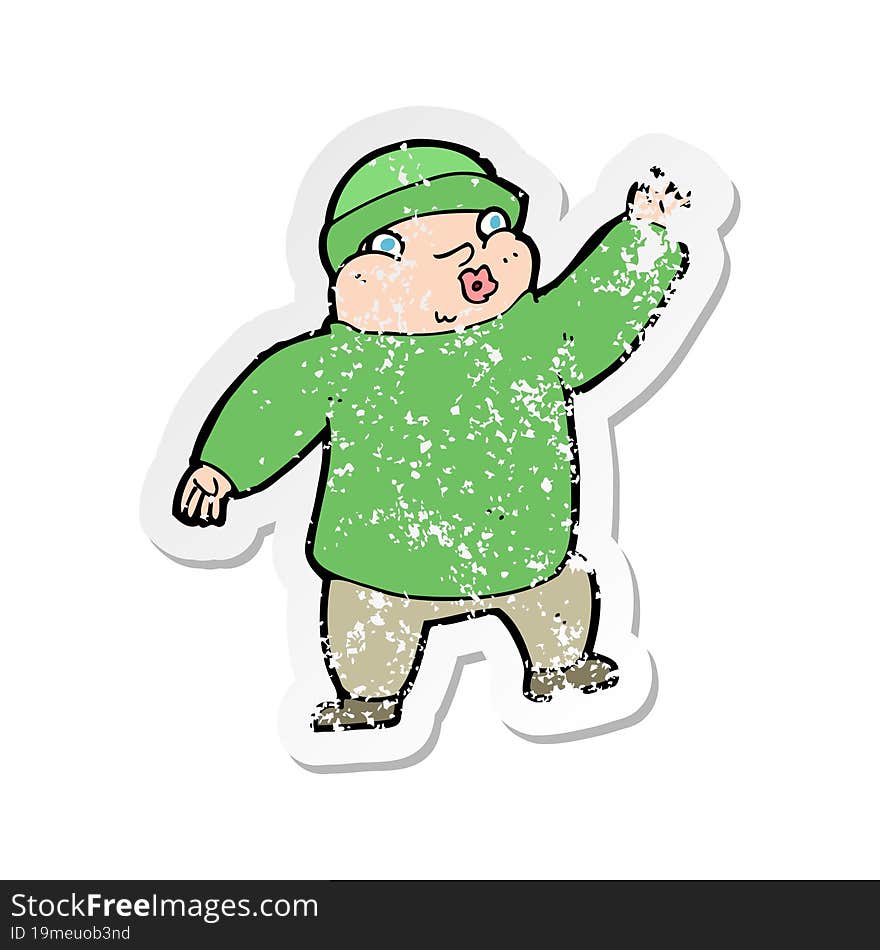 retro distressed sticker of a cartoon man in hat waving