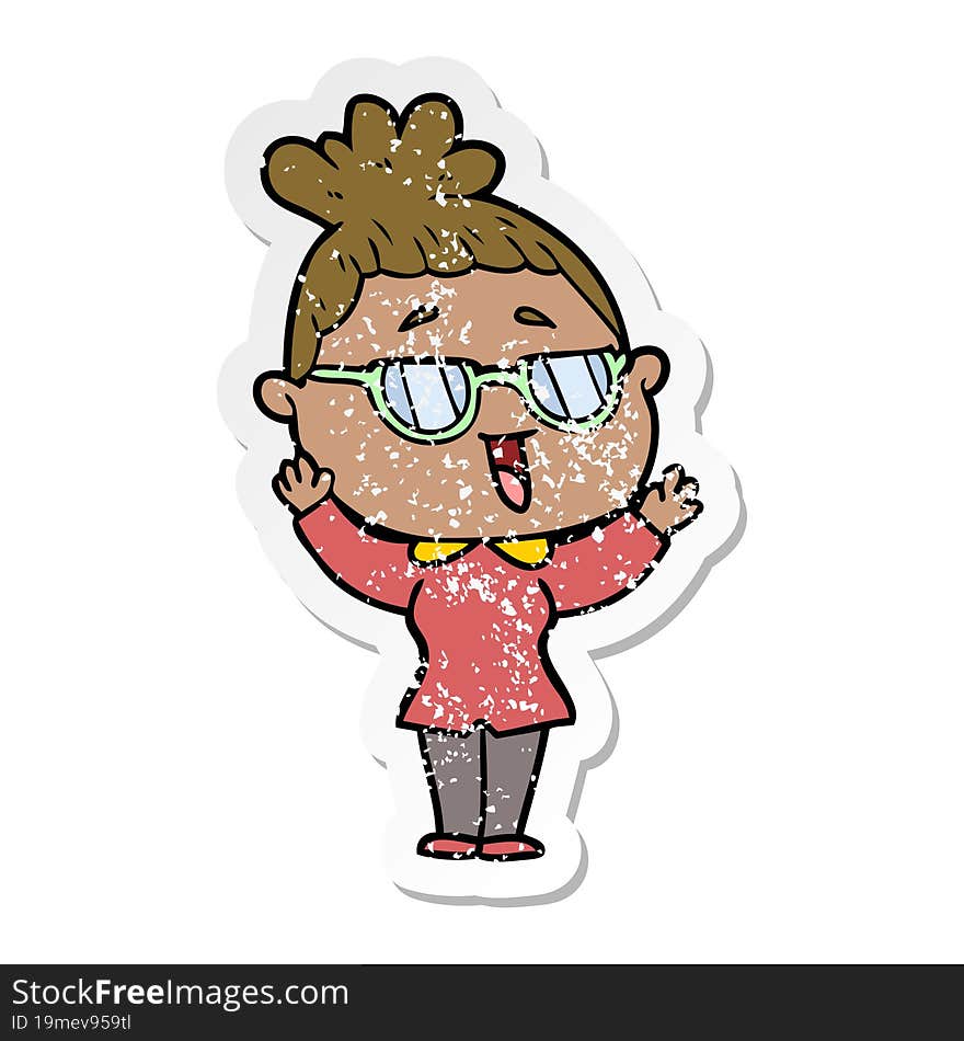 distressed sticker of a cartoon happy woman wearing spectacles