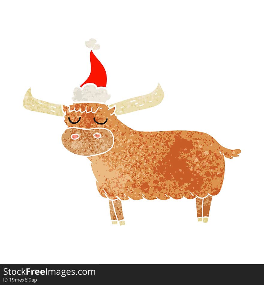 retro cartoon of a bull wearing santa hat