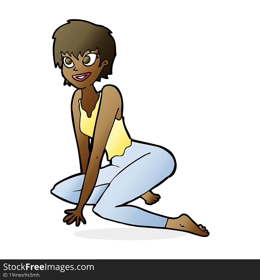 Cartoon Happy Woman Sitting On Floor