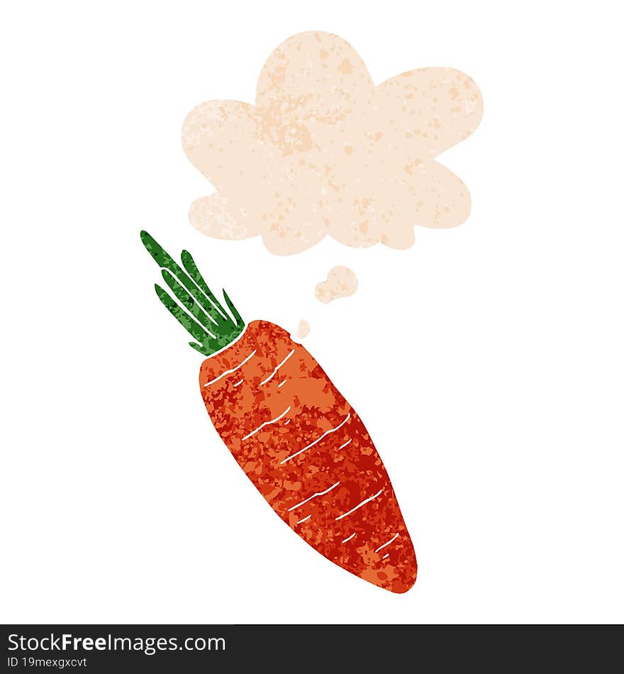 cartoon carrot with thought bubble in grunge distressed retro textured style. cartoon carrot with thought bubble in grunge distressed retro textured style