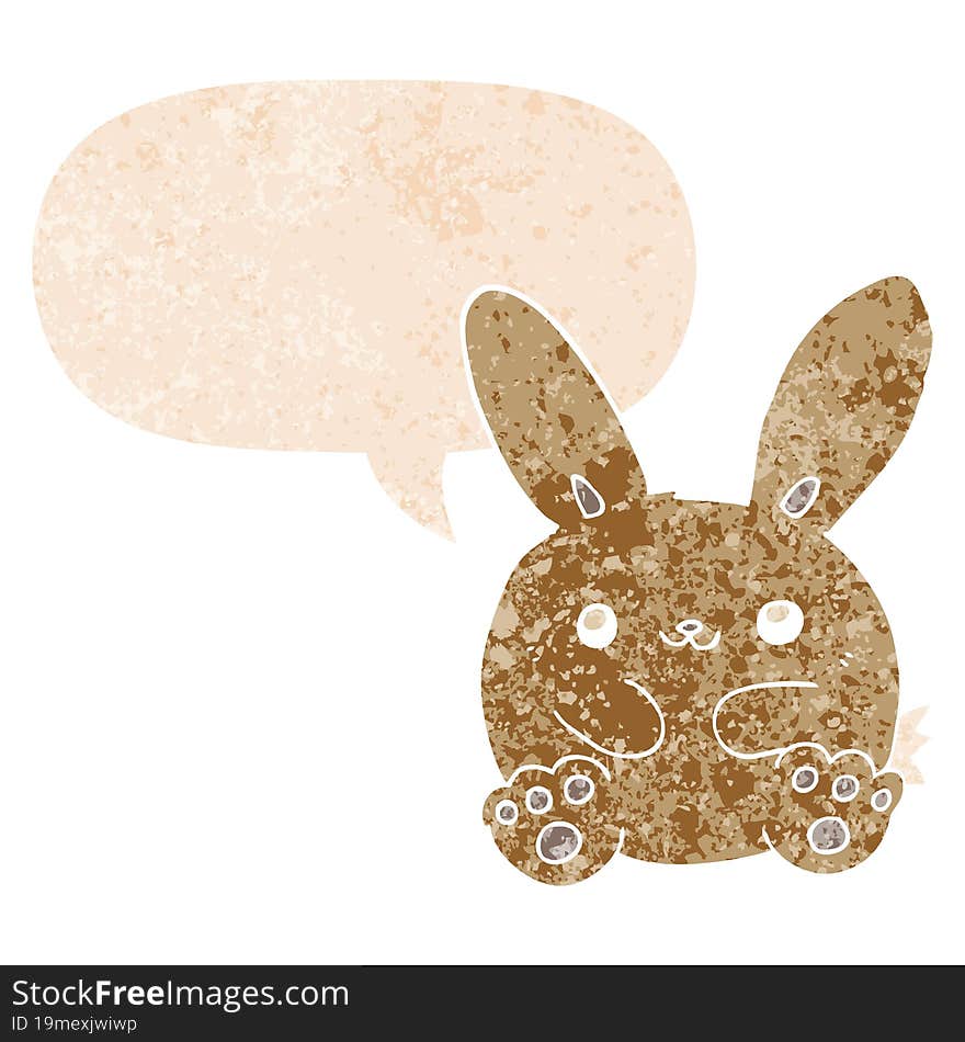 cartoon rabbit and speech bubble in retro textured style