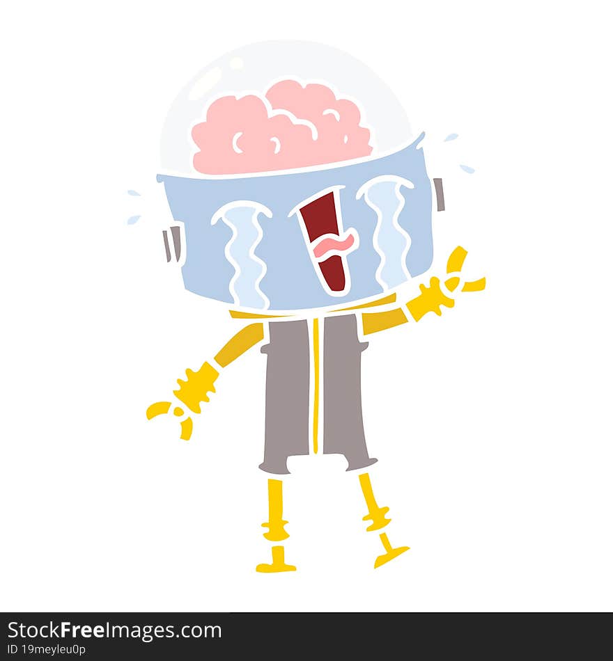 flat color style cartoon crying robot waving