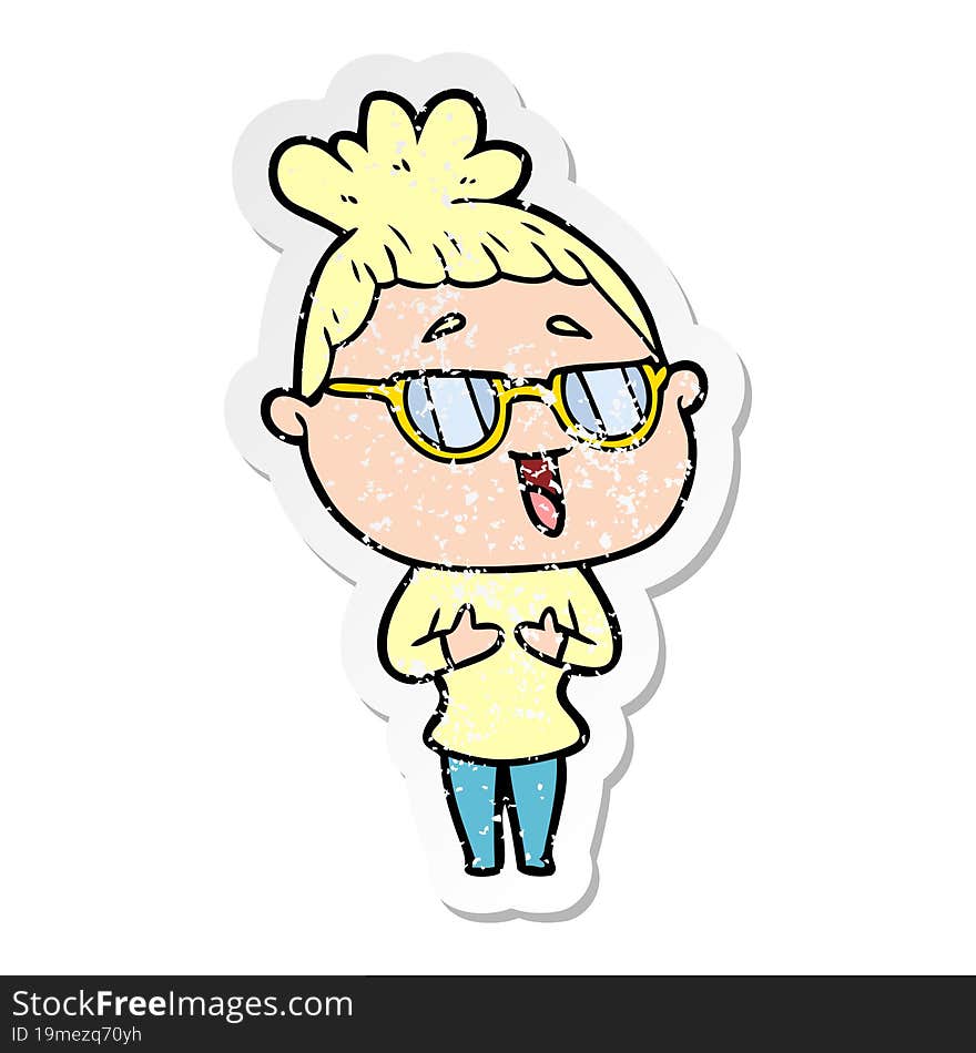 distressed sticker of a cartoon happy woman wearing spectacles