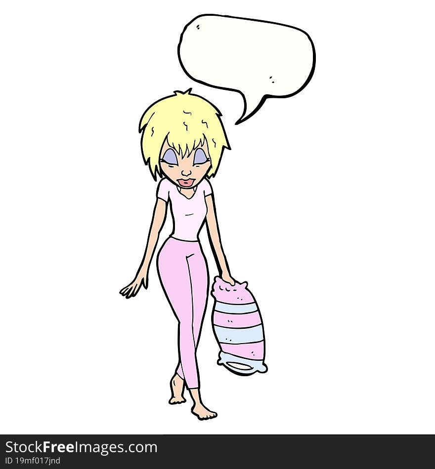 cartoon woman going to bed with speech bubble