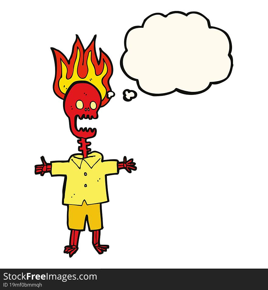 cartoon flaming skeleton with thought bubble