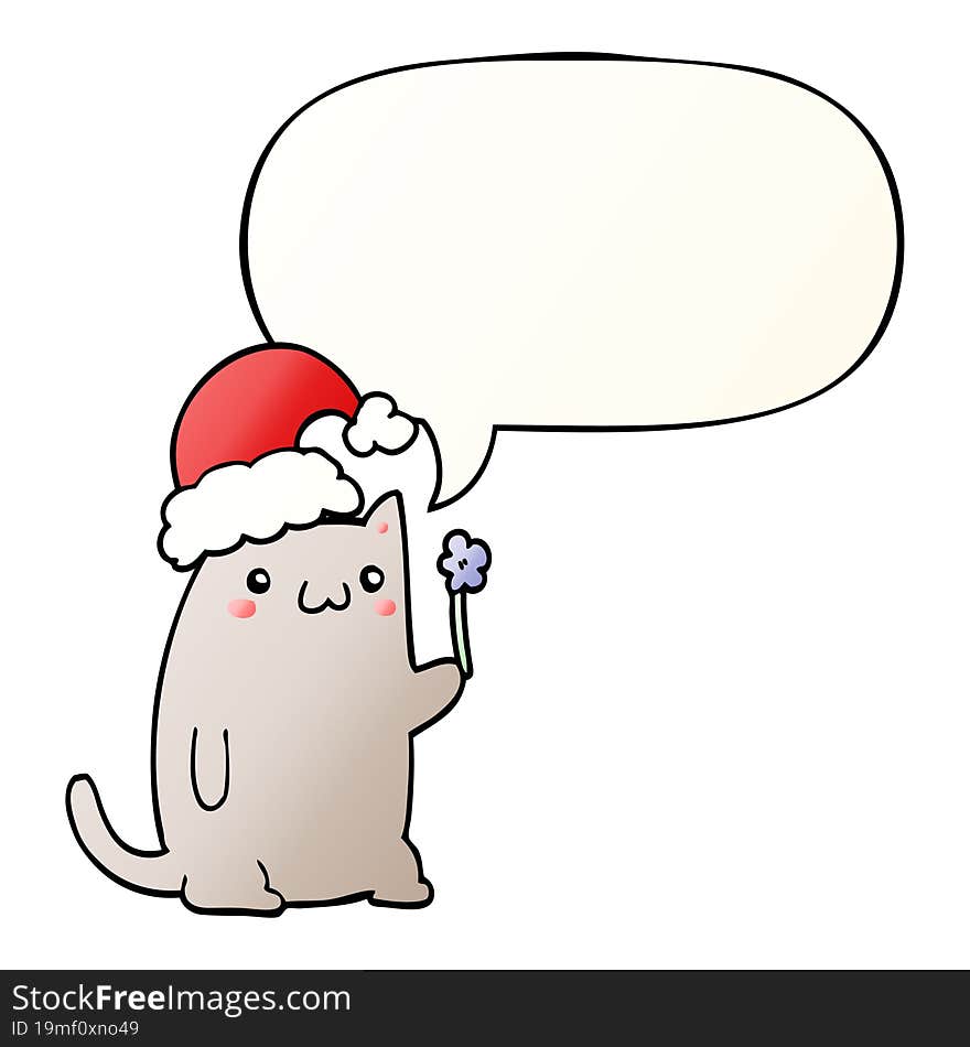 Cute Cartoon Christmas Cat And Speech Bubble In Smooth Gradient Style