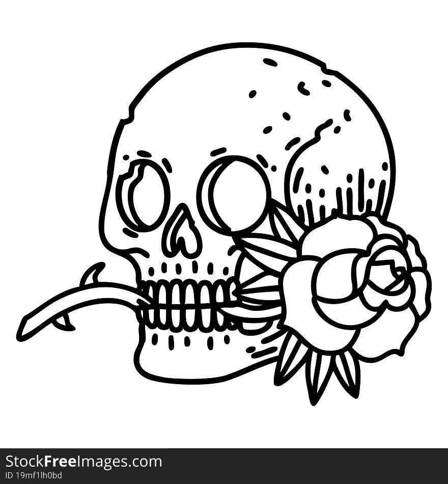 tattoo in black line style of a skull and rose. tattoo in black line style of a skull and rose