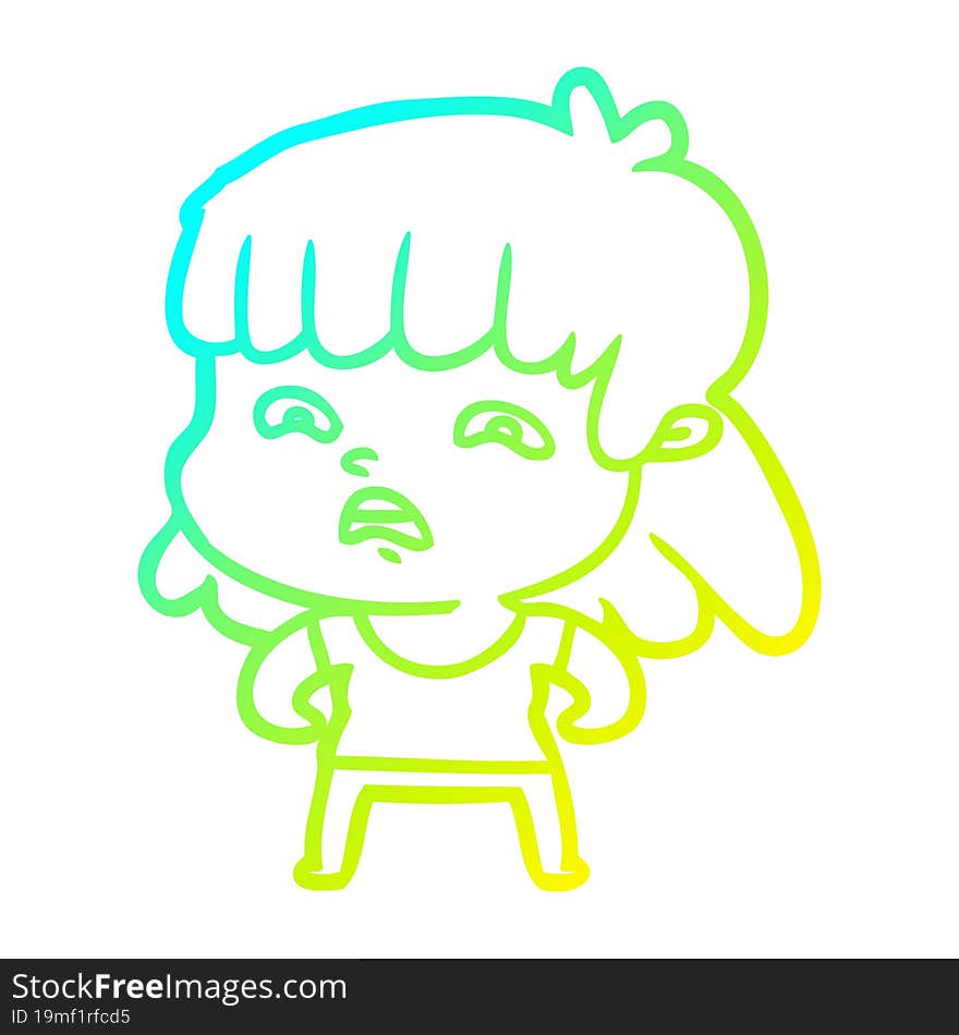 cold gradient line drawing cartoon worried woman