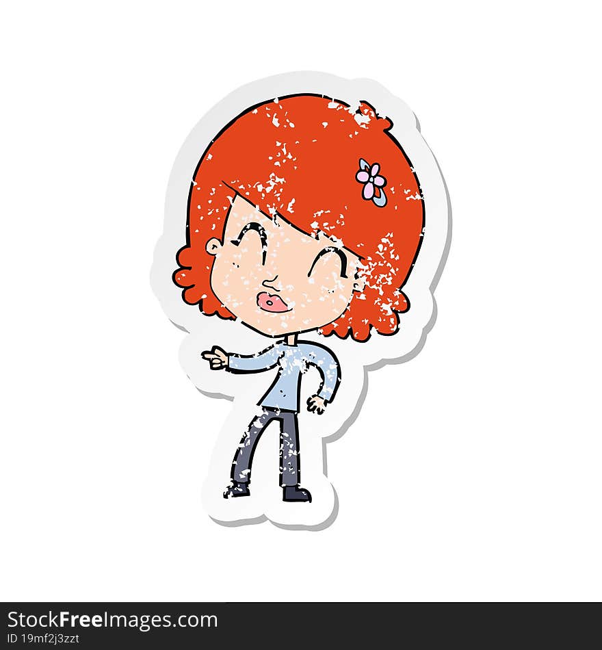 retro distressed sticker of a cartoon happy woman pointing